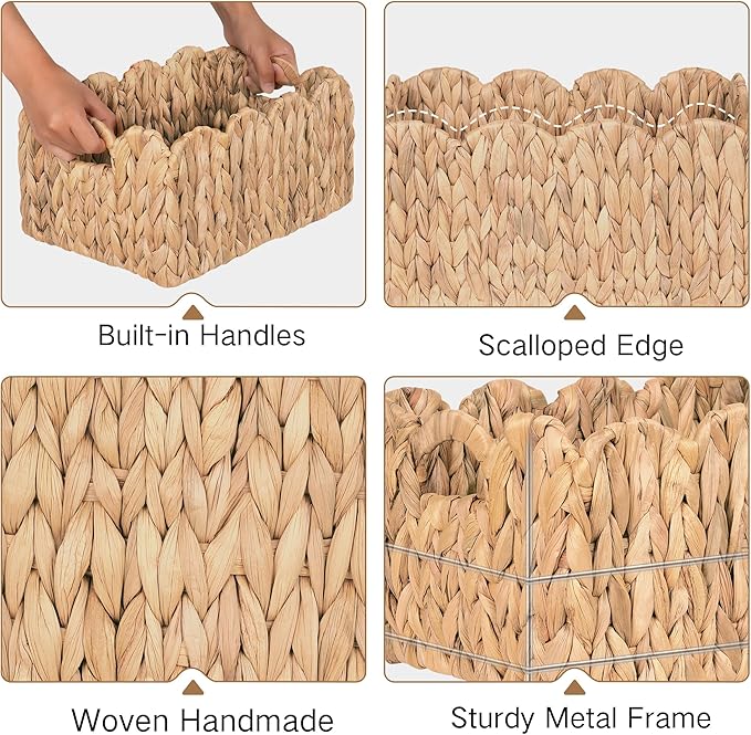 iEGrow Scalloped Wicker Basket, Set of 2 Woven Rattan Natural Water Hyacinth Baskets with Built-in Handles, Rectangle Storage Baskets for Organizing, Decor, Shelf and Nursery Room - Image 5
