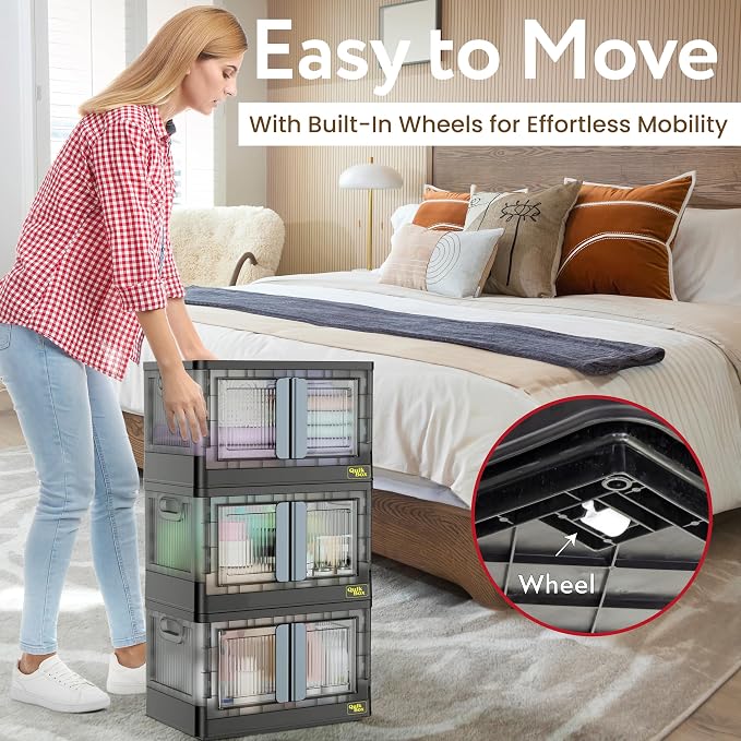 Quik Box - 8.5 Gallon 3-Pack Stackable Storage Bins with Doors & Wheels - Collapsible Organizer for Dorms, Bedroom & Home - Durable Polystyrene - Black - Image 3