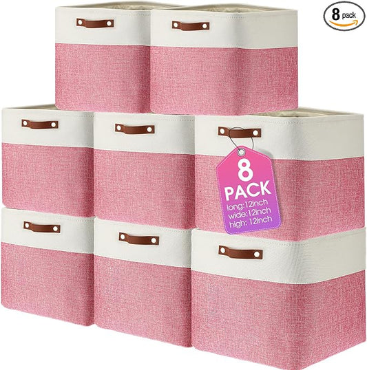 Uiifan 8 Pack 12 x 12 x 12 Inch Large Storage Baskets Collapsible Fabric Storage Cubes Bins with Handles for Shelves Closets Nursery Home Clothes Toys Organizers, Pink by Uiifan