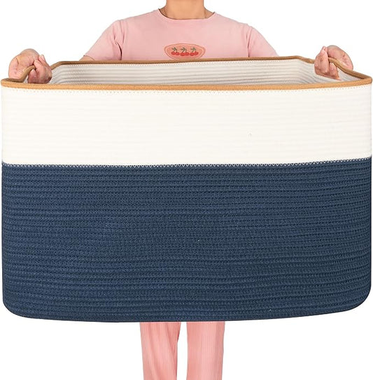 112L Extra Large Blanket Basket Holder Living Room, 25"x17"x16" Rectangle Rope Woven Storage Basket with Handles for Laundry, Towels, Shoes, Dog Toy Organizer Bin Box, Prussian Blue by MINTWOODDesign