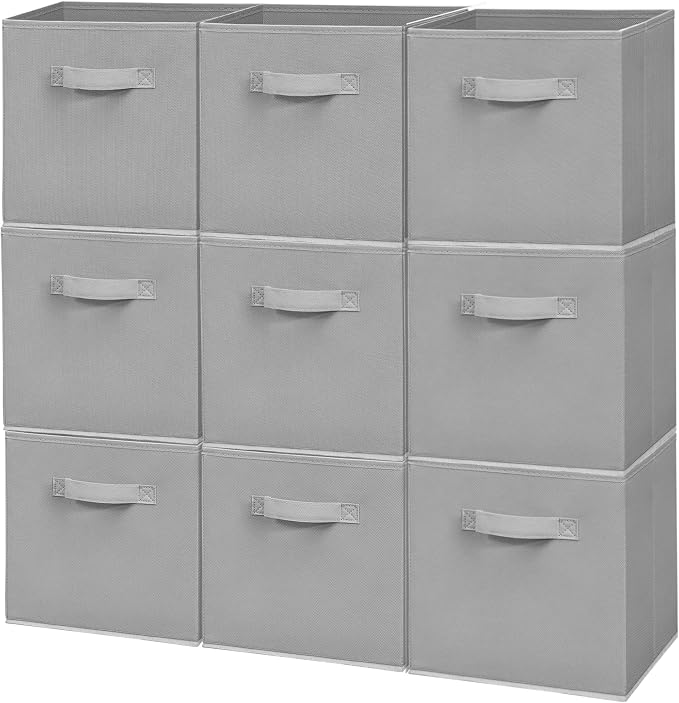 Easi Storage Cubes, 11 Inch Fabric Storage Bins, Set of 9, Foldable Collapsible Cube Organizer with Handles, Closet Shelves Office Nursery Storage, Cubby Storage Bins for Toys Clothes Books, Gray by Unknown