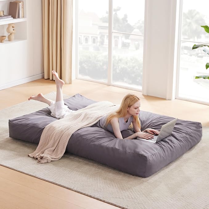 Giant Bean Bag Chair Bed for Adults, Convertible Beanbag Chairs to Floor Mattress, Large Bean Bag Lazy Chair with High-Density Foam Filling, Bean Bag Couch Sofa Bed Machine Washable,Light Grey - Image 2