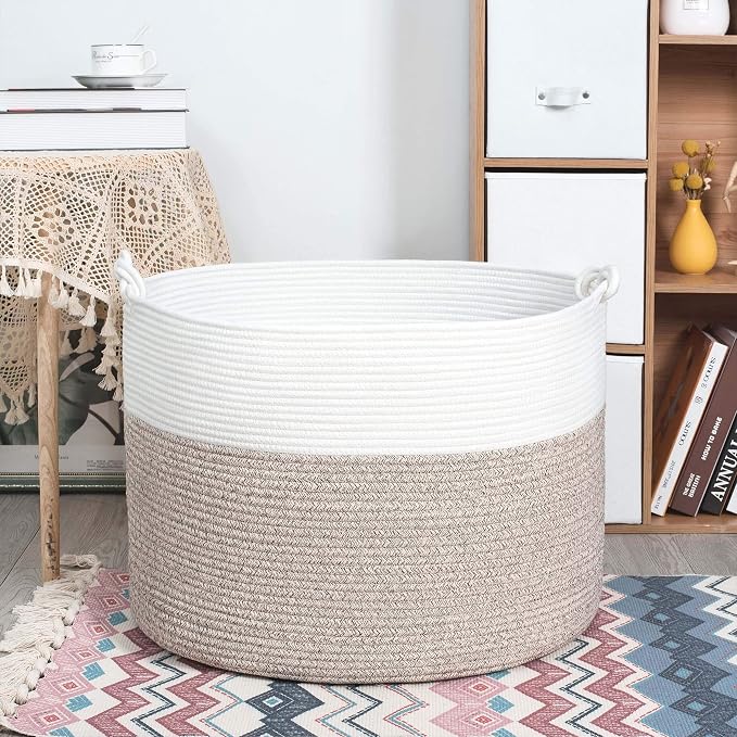 Extra Large 22 x 16in Decorative Woven Cotton Rope Blanket Storage Basket Bin Living Room with Handles and Laundry Hamper for Pillows, Pool Towels, Dog Toys, Shoes, Light Brown - Image 8