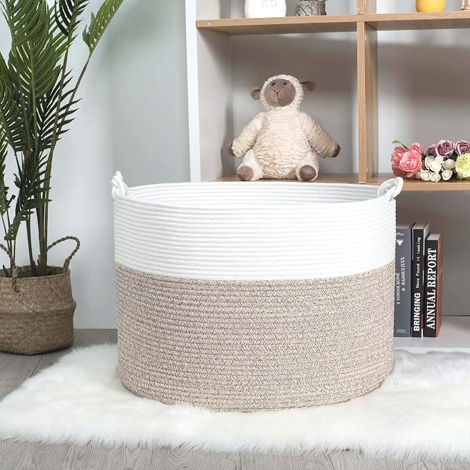 Extra Large 22 x 16in Decorative Woven Cotton Rope Blanket Storage Basket Bin Living Room with Handles and Laundry Hamper for Pillows, Pool Towels, Dog Toys, Shoes, Light Brown - Image 5