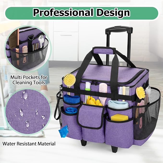 LoDrid Rolling Cleaning Caddy with Lid and Detachable Trolley, Purple | Cleaning Supplies Organizer, Cleaning Caddy Cart on Wheels with Handle and Shoulder Strap for Housekeepers - Image 2