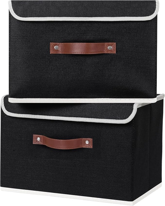 ANMINY Fabric Storage Box Bins with Lids, Black, 15"x10"x10", 4 Pack | Keepsake Memory Storage, Cotton Linen, PP Board Reinforced, Washable, PU Handles, Foldable & Stackable, Decorative, Large - Image 2