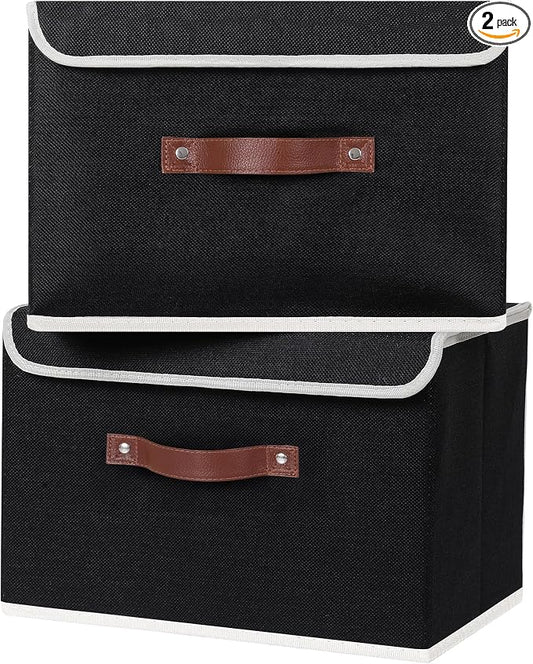 ANMINY Fabric Storage Box Bins with Lids, Black, 15"x10"x10", 2 Pack | Keepsake Memory Storage, Cotton Linen, PP Board Reinforced, Washable, PU Handles, Foldable & Stackable, Decorative, Large by ANMINY