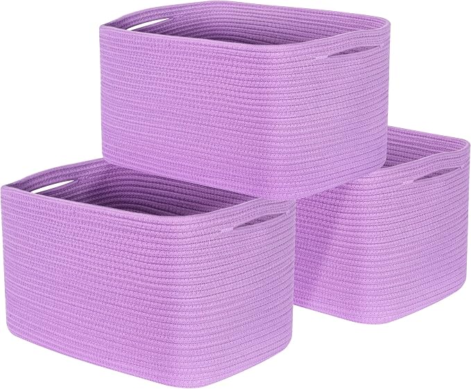 3-Pack Storage Baskets for Shelves, Decorative Baskets for Organizing, Woven Baskets for Storage, Book Basket Cube Storage Bin Box, Pantry Closet and Shoe Organizers, Lilac Purple by MINTWOODDesign