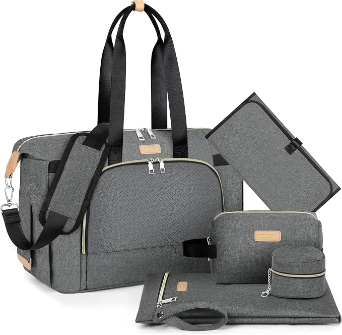 Diaper Bag Tote for Baby 7PCS, Large Mommy Bag with Portable Changing Pad | Multifunctional Hospital Bags for Labor and Delivery with Pacifier Case and Organizer Pouches,Travel Baby Bag for Boy Girl by ITIEZY