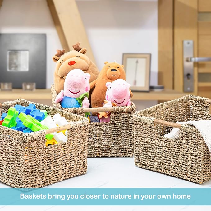 Large Wicker Storage Basket with Wooden Handles, Seagrass Basket for Shelves, Natural Wicker Bin With Handle for Storage 14.5 x 10.3 x 7.5 inches - Image 7