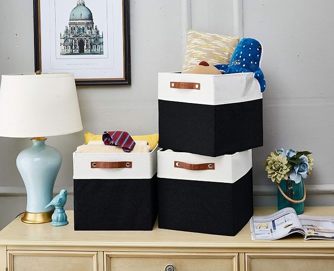 DECOMOMO Cube Storage Bins | Fabric Storage Cubes Closet Organizer Cubby Bins for Shelves Cloth Nursery Decorative Storage Cubes with Handles (Black &White, 11 x 11 x 11 inch) | 11 inch Cube Storage Organizer for Kallax and Cubbies (Black & White) - Image 5