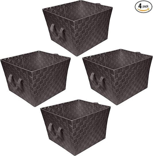 Simplify Large Woven Strap Tote | Decorative Storage Basket | 2 Handles | Organization | Closet | Bedroom | Bathroom | Nursery | Accessories | Toys | Gifts | 4 Pack | Chocolate by Simplify