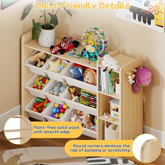 GITAWUSA Kids Toy Storage Organizer, Wooden Shelf with 3 Tiers and 9 Storage Bins, Nursery Room Organizer for Books and Toys, White and Natural Wood - Image 4