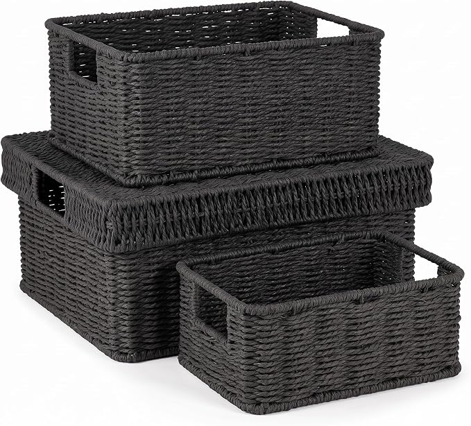 Wicker Storage Basket with Lid for Shelves, 3-Basket Set, Black | One rectangular wicker basket with lid and two open baskets for decorative shelf storage; removable lid flips into a tray. by GANLUX