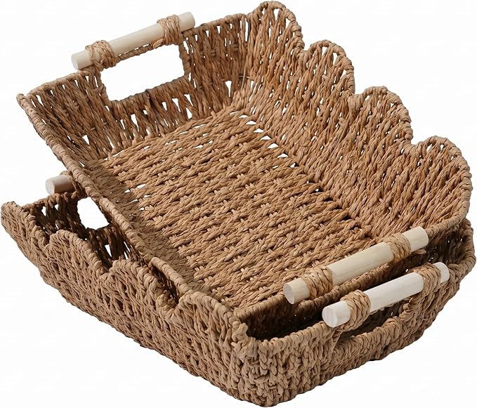 Coeusy 2 Pack Gift Basket, Cute Scalloped Basket with Handles, Decorative Basket for Display,Snack,Shelves, Natural by WEAVECOMFORTINTOEVERYCORNER