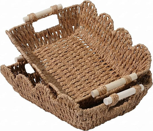 Coeusy 2 Pack Gift Basket, Cute Scalloped Basket with Handles, Decorative Basket for Display,Snack,Shelves, Natural by WEAVECOMFORTINTOEVERYCORNER