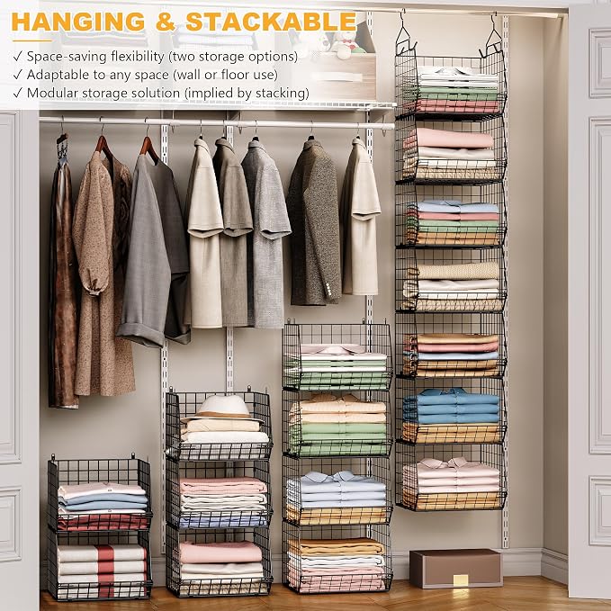 X-cosrack 7 Tier Foldable Hanging Closet Organizer and Storage,Wire Closet Shelving with 4 Large Hooks+ 5 S Hooks,Hanging Basket for Clothes Sweaters Shoes Handbags,Small Closet Organizers - Image 6