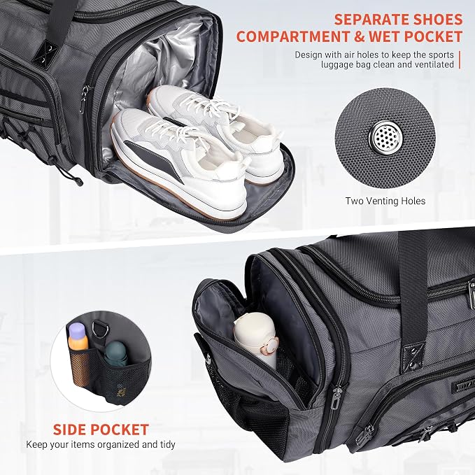 WITZMAN Mens Duffle Bag Expandable 50L Travel Gym with Shoe Compartment | Nylon, Large, With Dry-wet Pocket, Fits 16" Laptop, Carry-on Bag, For Sports Weekender Overnight, B695 Silvery Grey - Image 5