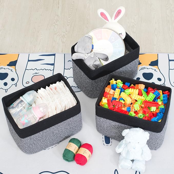 3-Pack Storage Baskets for Shelves, Playroom and Classroom Storage Basket, Book Basket, Decorative Storage Cube Bins, Woven Closet Organizers, Pantry and Shoe Organizer, Black Grey Mix - Image 5