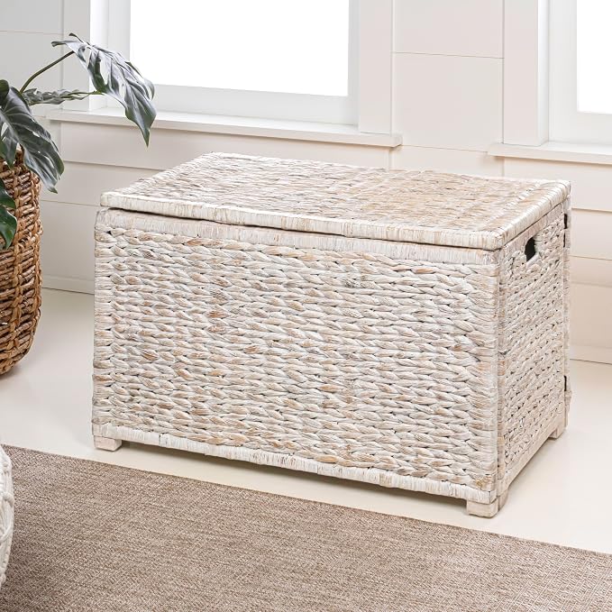 happimess Anada 30" Storage Trunk Wicker Weave Water Hyacinth, White Wash | Solid Mahogany Construction, Collapsible Folds Flat, Removable Lid, Fabric Liner, Footed Base, 17.5" Height, 17.5" Depth - Image 5