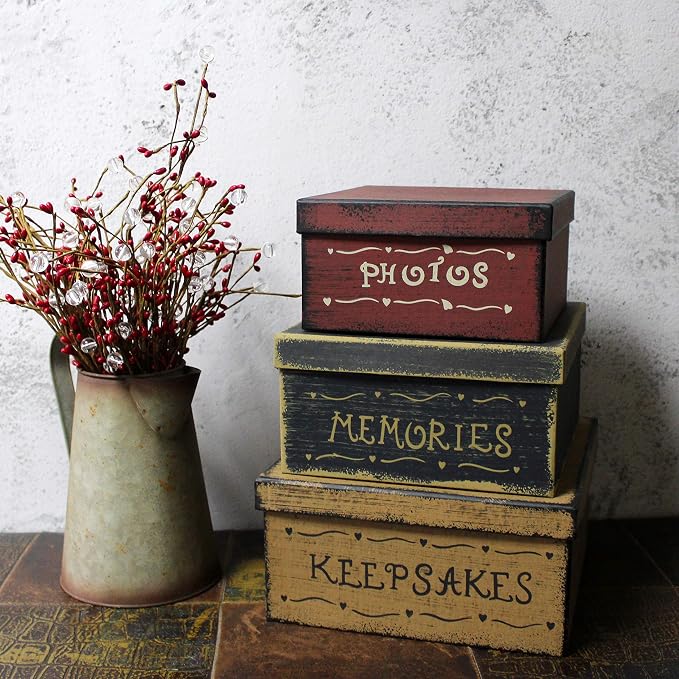 Primitive Vintage Square Photos, Memories, Keepsakes Cardboard Nesting Boxes, Large 9 X 9 X 4-1/2 Inch. Set of 3. - Image 3