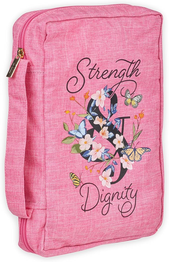 Christian Art Gifts Polyester Canvas Bible Cover for Women w/Zippered Pocket & Pen Storage: Strength & Dignity - Proverbs 31:25 Inspirational Bible Verse Carry Case, Pink Butterfly Floral, Large by ChristianArtGifts