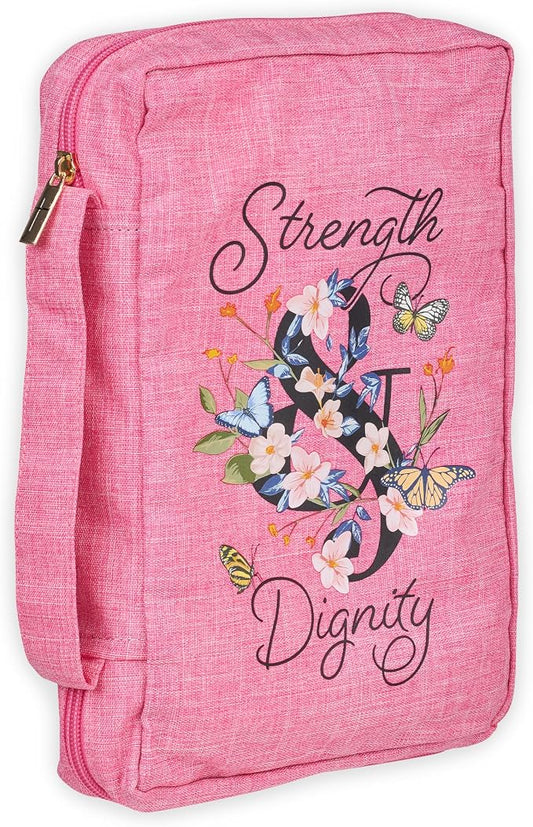 Christian Art Gifts Polyester Canvas Bible Cover for Women w/Zippered Pocket & Pen Storage: Strength & Dignity - Proverbs 31:25 Inspirational Bible Verse Carry Case, Pink Butterfly Floral, Large by ChristianArtGifts
