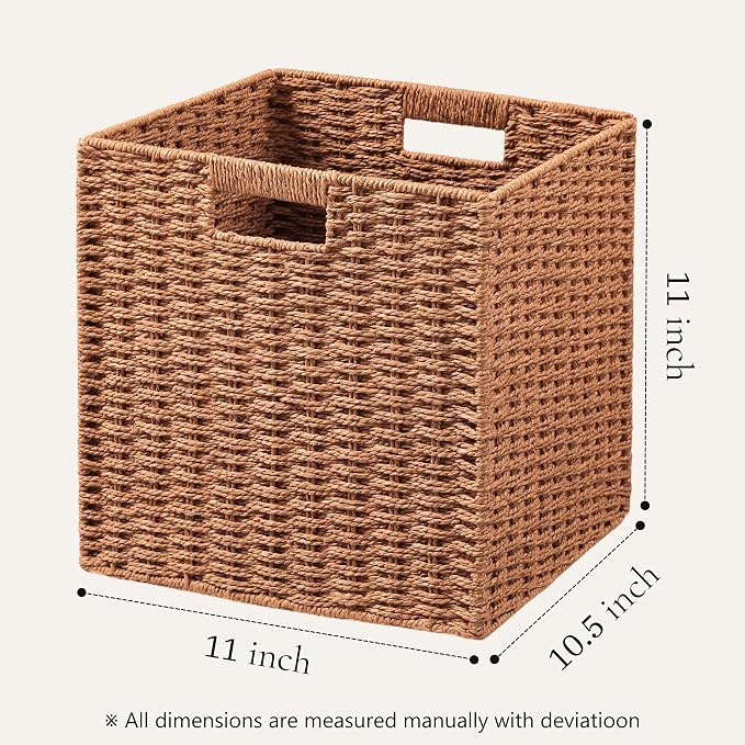 UBBCARE 3 Pack Wicker Basket, 11L×11H×10.5W inch Woven Paper Rope Storage Baskets for Shelves, Foldable Cube Storage bin with Handle, Storage Basket for Organizing & Decor,Caramel - Image 2