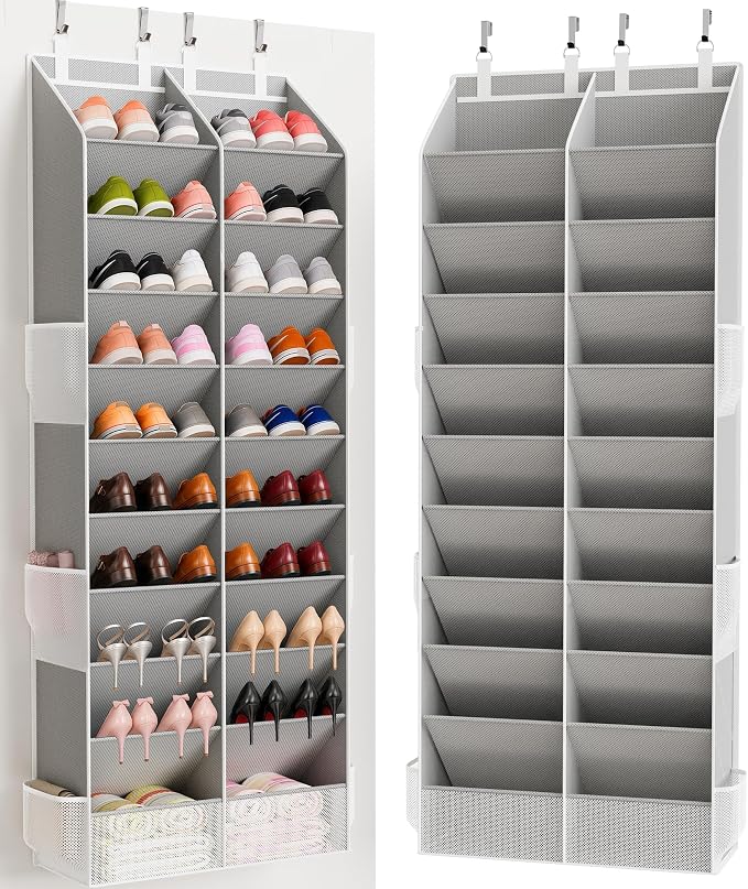 Over the Door Shoe Organizer, 20-30 Pairs Heavy-Duty Hanging Shoe Storage with Large Pockets, 10-Tier Door Shoe Rack with 4 Hooks for Sneakers Sandals Heels Boots (Gray) by Criusia