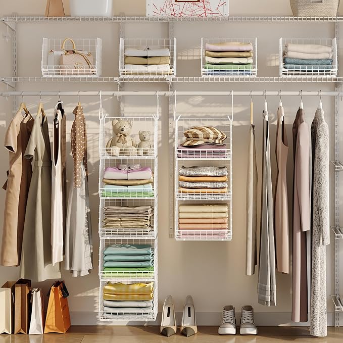 5 Tier Closet Hanging Organizer, Clothes Hanging Shelves with 4 Hanging Hooks 5 S Hooks, Wire Storage Basket Bins, for Clothing Sweaters Shoes Handbags Clutches Accessories Patent Design-White - Image 2