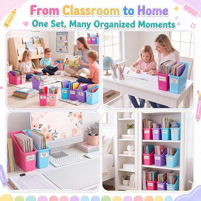 Blosssound 24 Set Book Bins for Classroom with Label Sticker Book Box Baskets Plastic Stackable Organizing Bins Storage & Organization for Classroom Library Home School Supplies (Purple Pastel) - Image 4