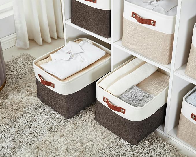 DECOMOMO Storage Bins, Large Fabric Storage Baskets for Shelves 4 Pack | 15 x 11 x 9.5 inches Decorative Linen Closet Organizers (Brown & White) - Image 2