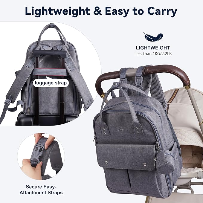 Multi-functional Diaper Bag with Insulated Pockets Gray | Allovely Diaper Bag Backpack, Large 22L Baby Bags for Boys Girls, Multi-functional Travel Diaper Backpack, Stroller Straps - Image 6