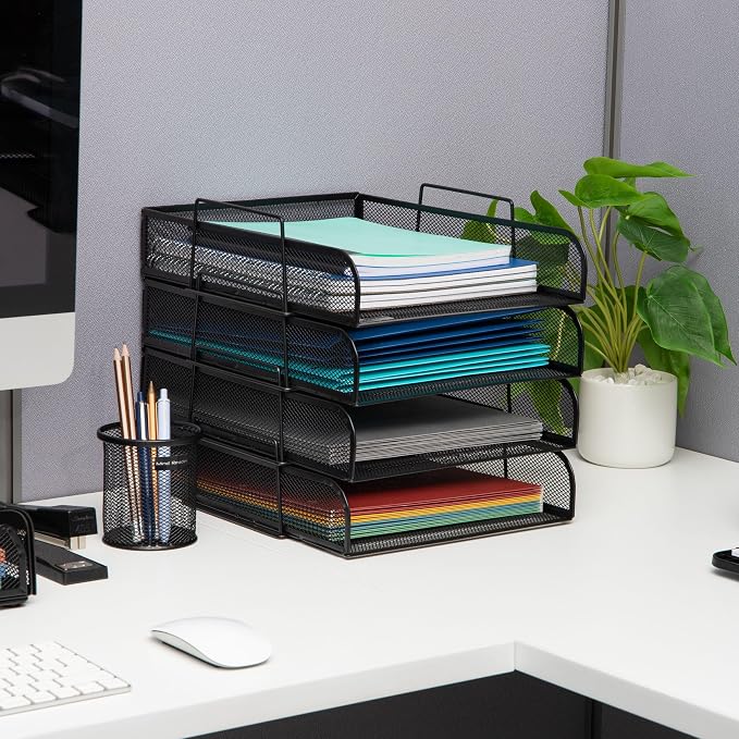 Mind Reader Stackable Paper Tray, Desktop Organizer, File Storage, Office, Metal Mesh, 10.5" L x 13.5" W x 11.25" H, 4 Pcs., Black - Image 2
