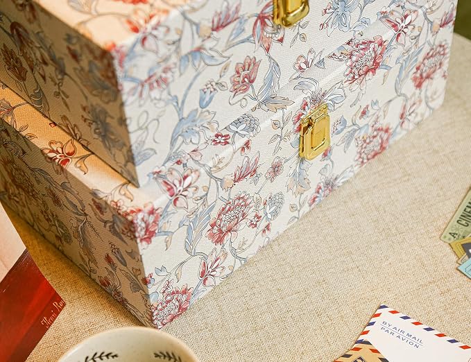 2-Piece Decorative Storage Boxes with Lids, Illustrated Botanical Floral Design in Soft Vintage Tones, Keepsake Boxes with Decorative Metal Closure, Memory Storage Boxes for Home Décor - Image 5