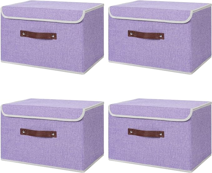 ANMINY Fabric Storage Box Bins with Lids, Purple, 15"x10"x10", 4 Pack | Keepsake Memory Storage, Cotton Linen, PP Board Reinforced, Washable, PU Handles, Foldable & Stackable, Decorative, Large by ANMINY