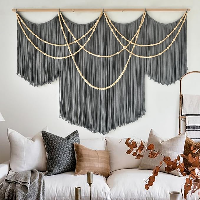 Large Macrame Wall Hanging Grey Boho Wall Art Beaded Decor 57"W*39"L | for Bedroom, Handwoven Cotton Art, Beaded Fiber Design, Textured Wall Accent, Sofa Backdrop Decor, Modern Home Decoration - Image 4