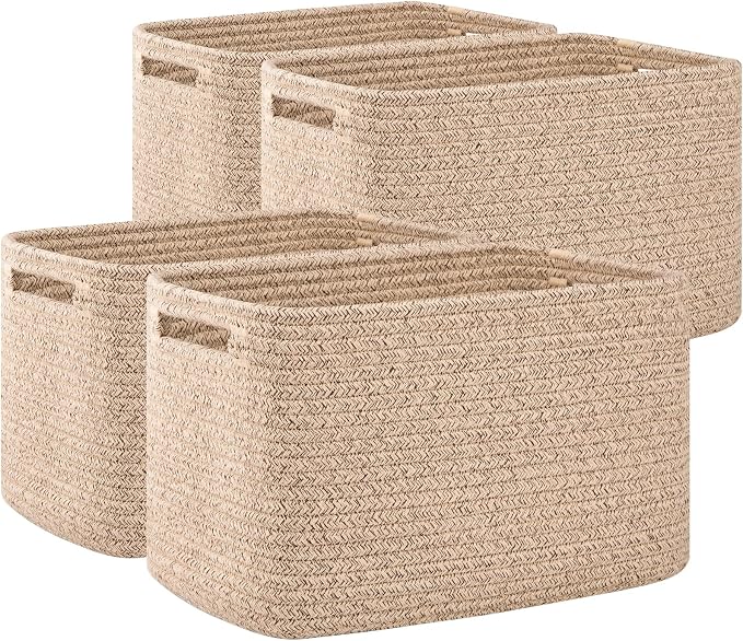 OIAHOMY 4 Pack Storage Baskets for Organizing 24L Cube Storage Bins Brown | Woven Baskets for Storage Rectangle Small Baskets With Handles Baskets for Shelves Wicker Baskets for Shelves 16x12x8inch by MasterofSpaceOptimization