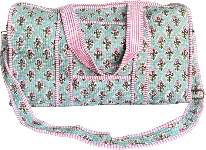 ATOSII Large Duffle Bag, Handblock Print 100% Quilted Cotton for Overnight Trip, Travel Weekender, Luggage, 2 Pockets with Zipper, 1 Front Pocket, Detachable Long Strap, 20 X 10 X 12 Inches, Bluebell by ATOSII