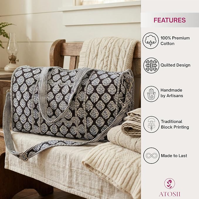 ATOSII Handblock Print 100% Cotton Large Quilted Duffle Bag for Overnight Trip, Travel Weekend Bag, Luggage, 2 Pockets with Zipper, 1 Front Pocket, Detachable Long Strap, 20 X 10 X 12 Inches, Gracie - Image 4