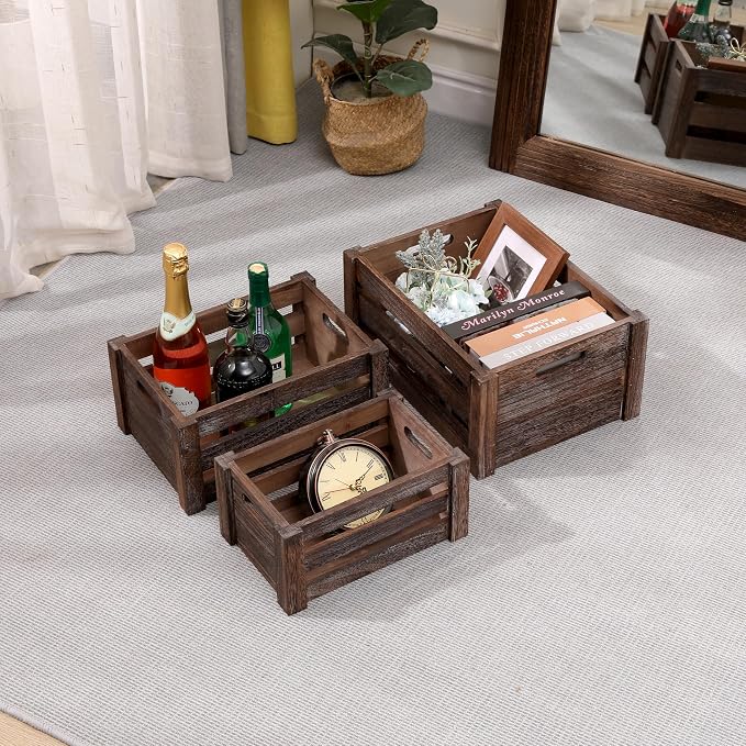 Set of 3 Nesting Wooden Crates, Small Rustic Farmhouse Wood Storage Boxes with Handles, Stackable Compact Organizer Bins for Kitchen Bathroom Bedroom Decor, 3 Sizes & 3 Colors (White, Brown, Black) - Image 4