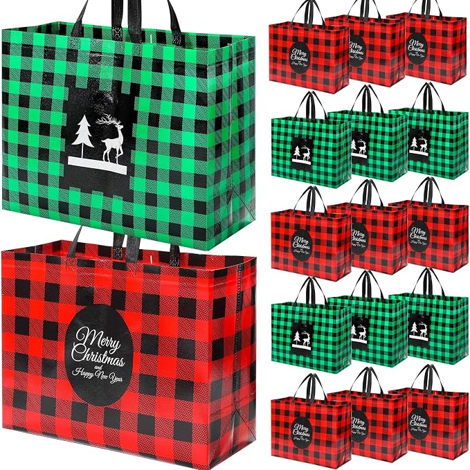 Colarr 18 Pcs Extra Large Christmas Tote Bags with Handle Christmas Gift Bag Non Woven Red Green Buffalo Plaid Waterproof Reusable for Winter Xmas Holiday Wedding Party Supplies, 16.5''x 13 "x 7'' by Colarr