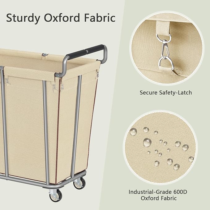 Gewudraw 360L Laundry Hamper with Wheels, Khaki, 95 Gallons | Heavy Duty Rolling Laundry Basket Commercial, Large Laundry Cart with Handle for Bathroom, Bedroom, Hotel, Steel Frame - Image 5