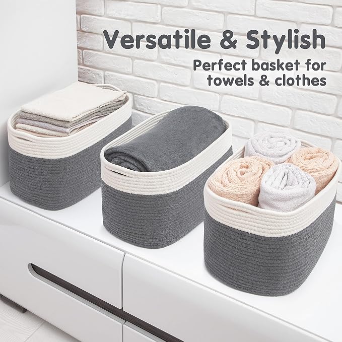 CHAT BLANC Cotton Rope Baskets for Organizing, Shelves, Toys, Storage, Shoe, Bathroom, Laundry, Towel, Nursery, Home Decor, Blanket, Cloth Woven Bins Fabric (Creamy White & Graphite, 15"x10"x9") - Image 6