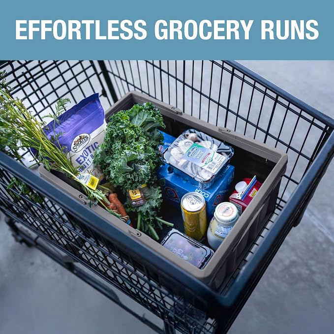 CleverMade Collapsible Shopping Basket, 32L Storage Crate, 1 Pack, Stone | Carry Bigger Grocery Hauls with Confidence | Rigid Walls Hold 35 lb, While Top and Side Handles Balance the Load - Image 7