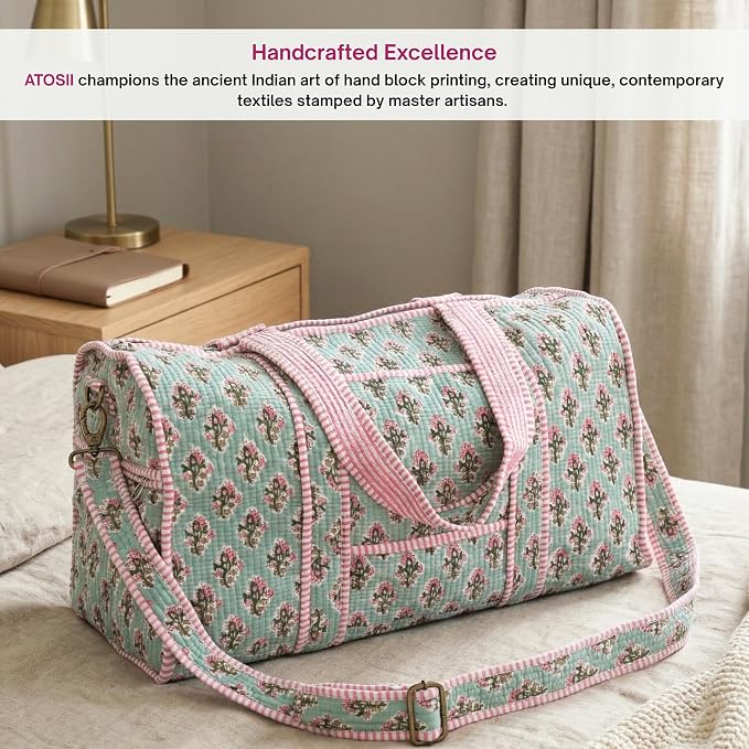 ATOSII Large Duffle Bag, Handblock Print 100% Quilted Cotton for Overnight Trip, Travel Weekender, Luggage, 2 Pockets with Zipper, 1 Front Pocket, Detachable Long Strap, 20 X 10 X 12 Inches, Bluebell - Image 6