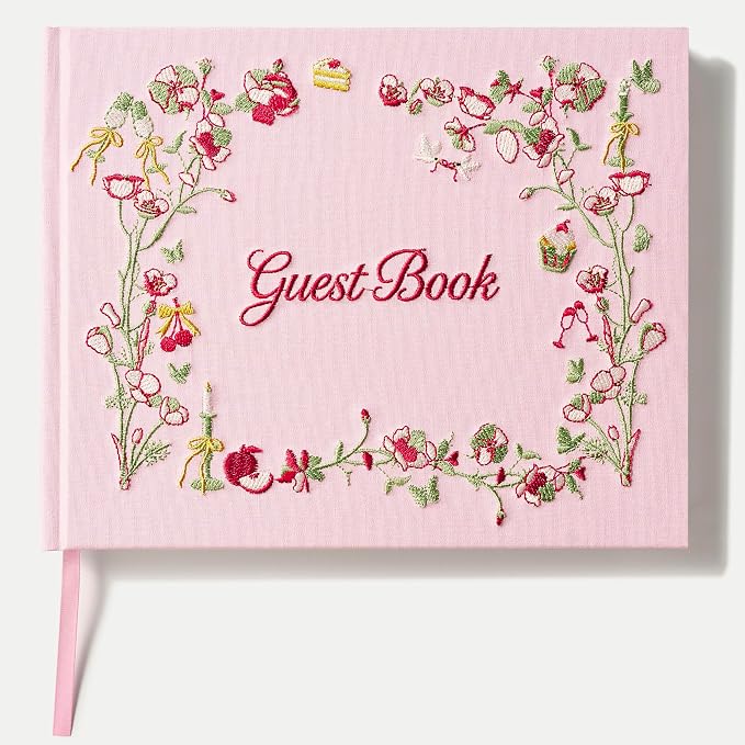 Embroidered Wedding Guest Book, Cotton Cover, Acid-Free Paper, 160 Pages, 9" L × 7" W, Sign in Book for Wedding Reception, Baby Shower&Events, with Envelopes, Table Card&Cotton Pouch (Pink) by Unknown