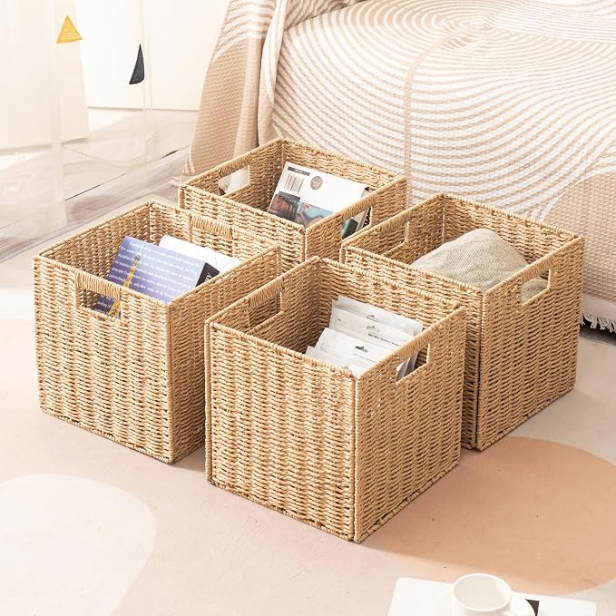 11x11x11 Cube Storage Bins Set of 4, Paper Rope Hand Woven Storage Basket with Handles, Collapsible Square Storage Cubes for Shelves, Wicker Shelf Baskets for Living Room Bedroom Organizing, Natural - Image 7