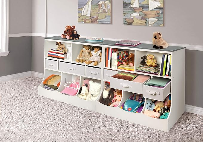 Badger Basket Combo Bin Toy Storage Unit and Book Shelf for Kids with 3 Baskets - White/Gray | Kids storage organizer with 3 removable baskets, open shelves & display top for toys, books, clothes & more. - Image 6