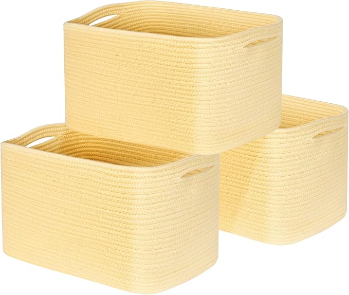 3-Pack Decorative Woven Storage Baskets for Shelves, Cube Bin Box for Organizing Books, Shoes, Dog Toys, Pantry Closet and Living Room Organizer, Yellow by MINTWOODDesign